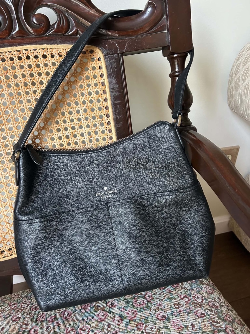 kate spade Black Pebbled Leather Shoulder Bag with Gold Logo Accent